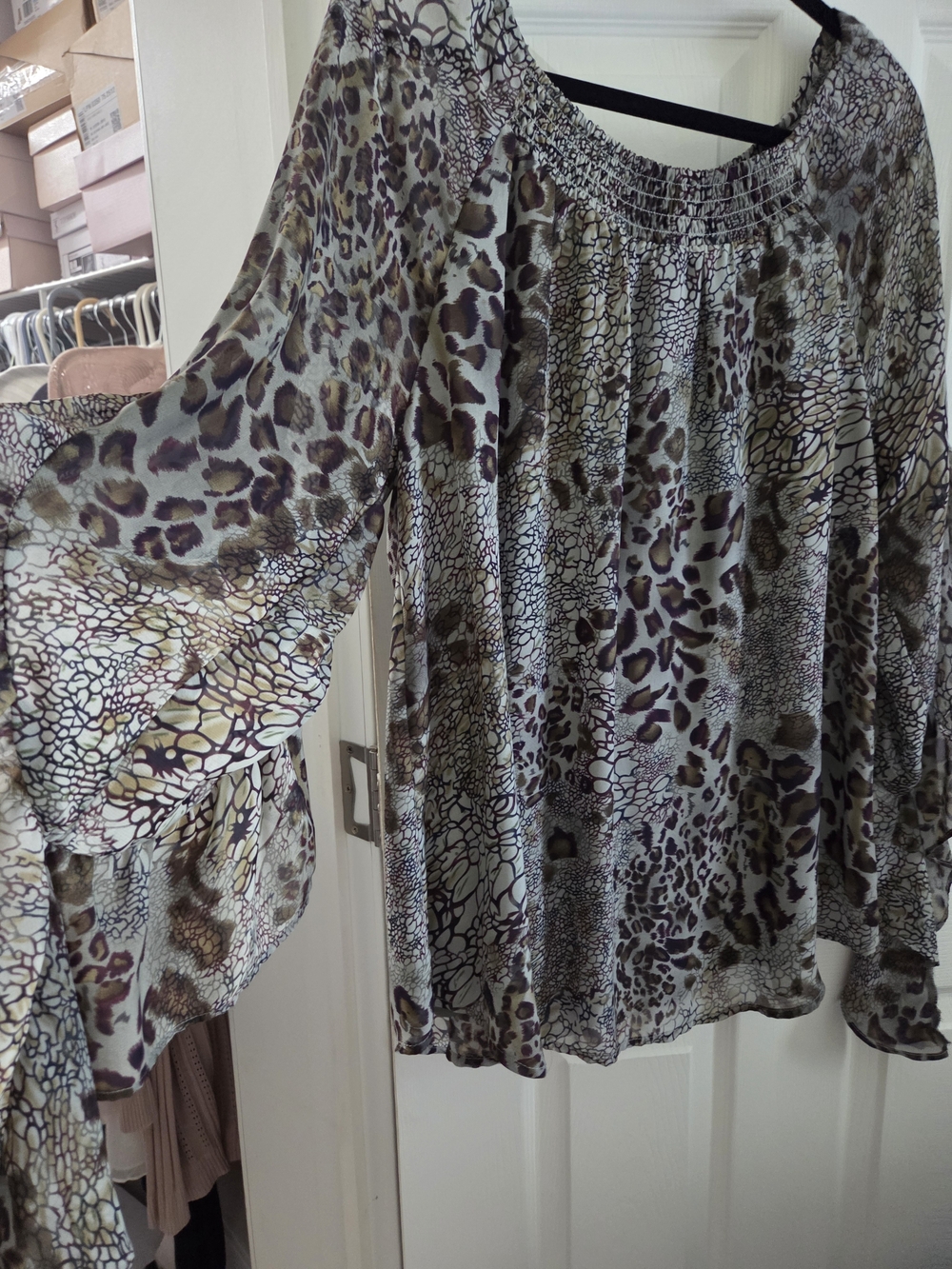 Women’s Smocked-Neck Animal Print Blouse - Neutral Tones
